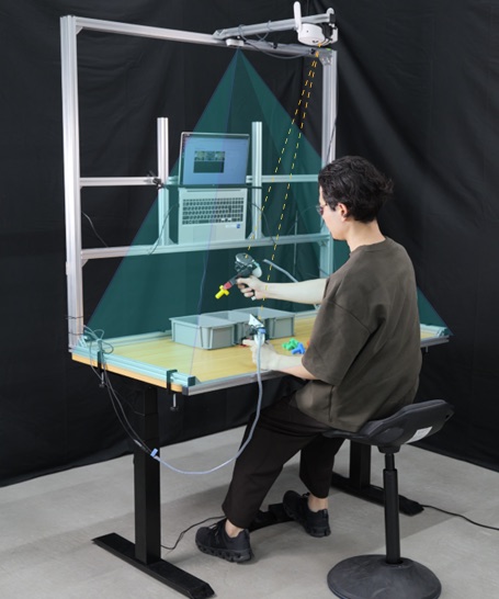 Upstream photograph with overlays of YUBI’s stationary data-collection rig and handheld interface. This shows the wider system; the interactive model below is the robot-mounted gripper.